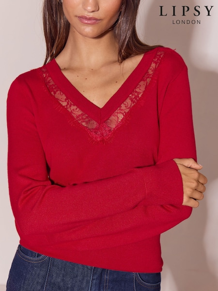 Red - Lipsy Lace Insert Knitted Jumper