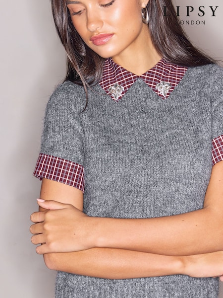 Grey - Lipsy Check Collar Embellished Detail Knitted Jumper