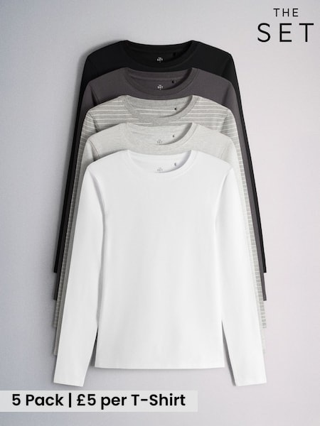 Grey - The Set 5 Pack Skinny Fit Crew Neck Long Sleeve T-shirts