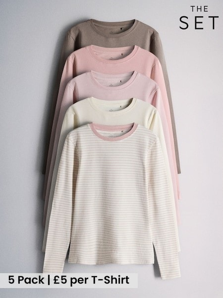 Pink/Cream/Stripe/Taupe - The Set 5 Pack Skinny Fit Crew Neck Long Sleeve T-shirts