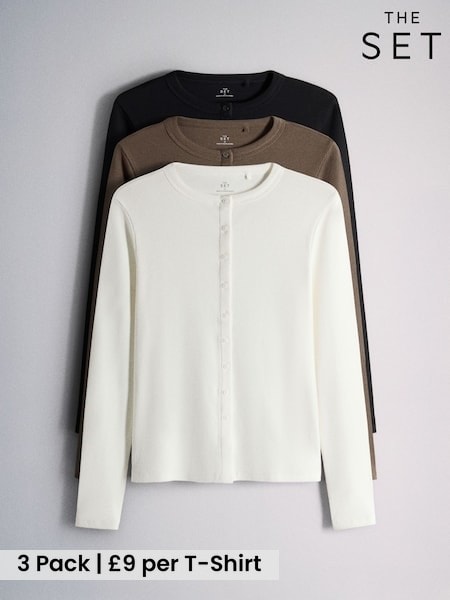 Brown/Black/Ecru - The Set 3 Pack Long Sleeve Button Through Rib T-shirt