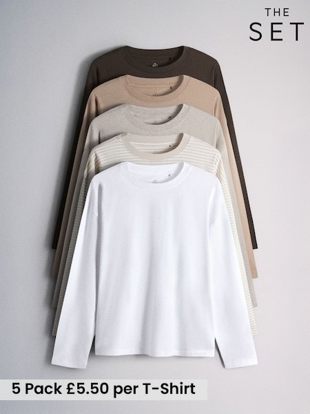 Brown/Neutral/Oat/Stripe/White - The Set 5 Pack 100% Cotton Relaxed Long Sleeve T-shirts