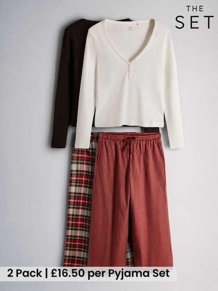Chocolate Brown Check/Cream Red Stripe - The Set 2 Pack Henley And Flannel Pyjamas Set