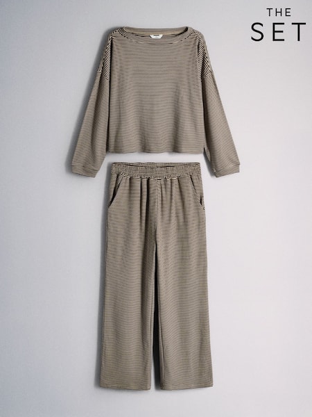 Brown/Cream Stripe - The Set Super Soft Slouchy Crew Neck And Straight Leg Lounge Co-ord Set