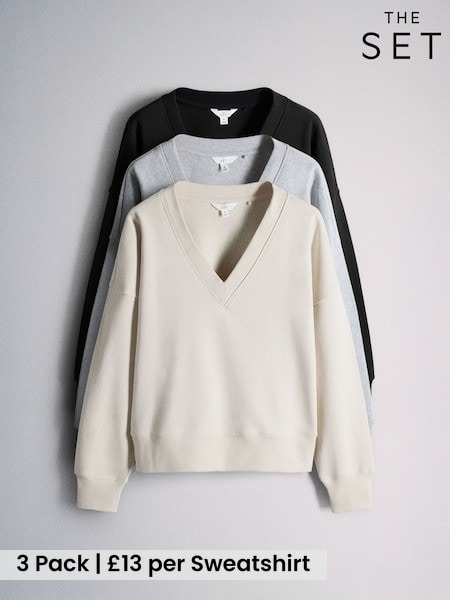 Grey/Black/Grey Marl - The Set V-neck Cotton Loopback Crew Neck Sweatshirts 3 Pack