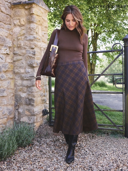 Chocolate Brown - Love & Roses Check Midi Skirt