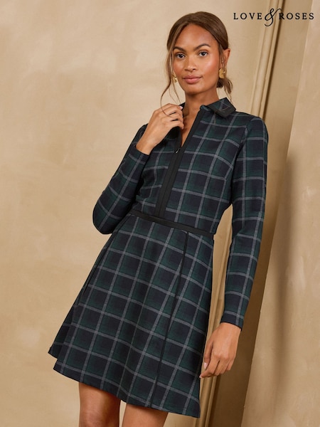 Black - Love & Roses Collared Check Ponte Long Sleeve Mini Dress