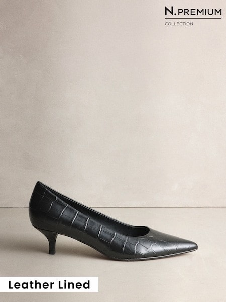 Black Croc Effect - N. Premium Leather Kitten Heels