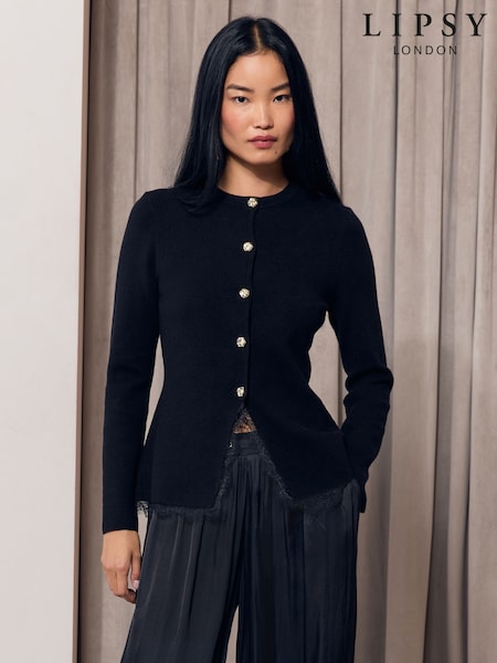 Black - Lipsy Lace Detail Longline Knit Cardigan