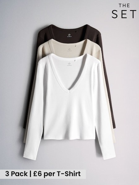 Brown/Neutra/White - The Set 3 Pack V-neck Long Sleeve Ribbed T-shirts