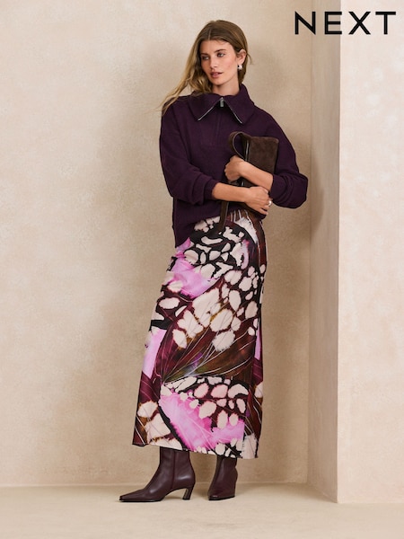 Burgundy Red Butterfly Print - Satin Midi Skirt