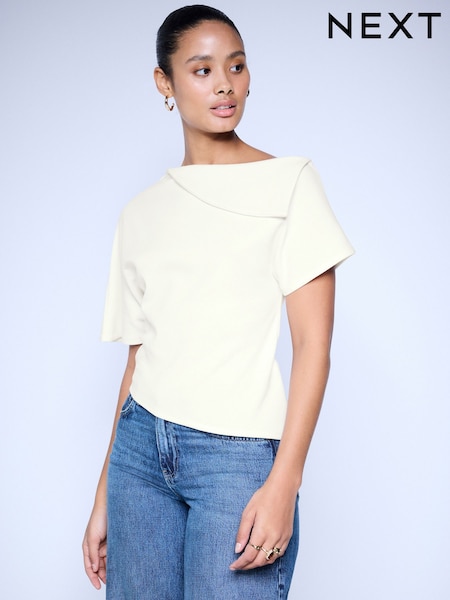 Ecru - Asymmetric Folded Neckline Short Sleeved Top