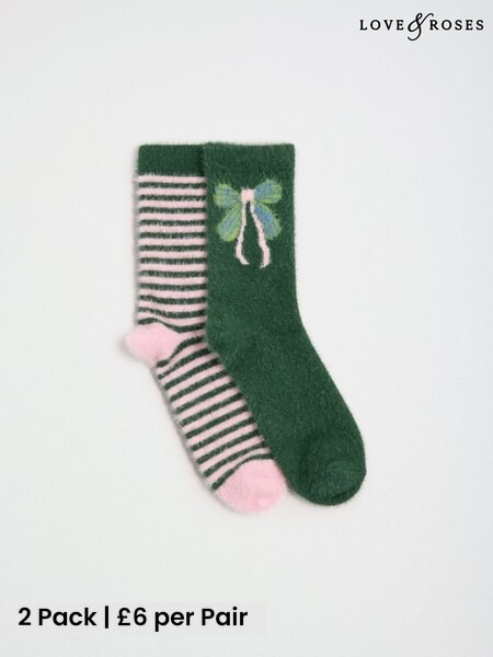 Dark Green Bow Stripe - Love & Roses Cosy Soft Eyelash Slipper Socks 2 Pack