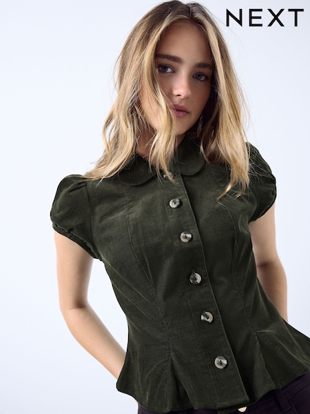 Khaki Green - Corduroy Puff Sleeve Fitted Top