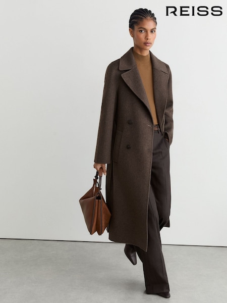 Mocha Brown - Reiss Rene Double-breasted Blind-seam Coat Wool-blend With Cashmere