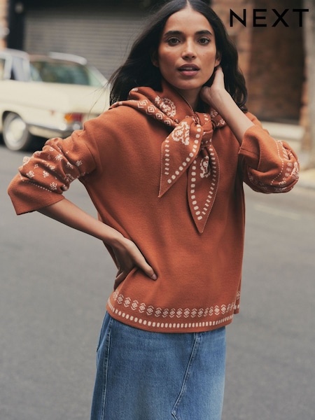 Brown - Paisley Scarf Detail Knit Look Jumper