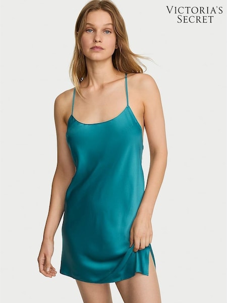 Aquarium Blue - Victoria's Secret Satin Open Back Slip