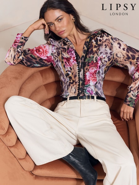 Brown Leopard Floral Print - Lipsy Fitted Lace Trim Shirt