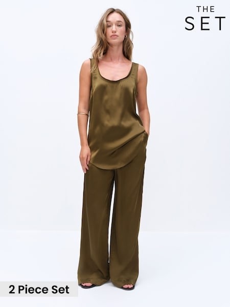 Khaki Green - The Set Satin Tank Top And Wide Leg Trousers Co-ord
