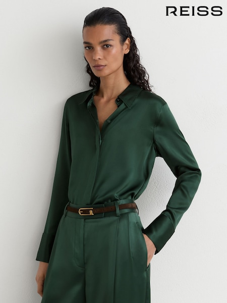 Teal Green - Reiss Ameira Silk-satin Concealed-placket Shirt