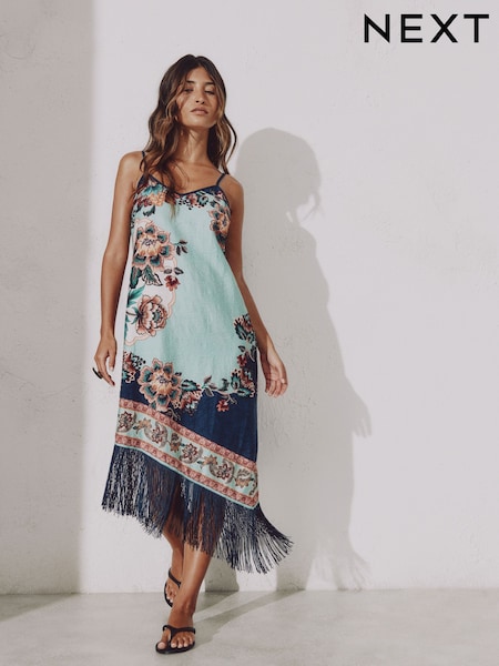 Navy/Peach Floral - Strappy Asymmetric Fringed Hem Midi Dress