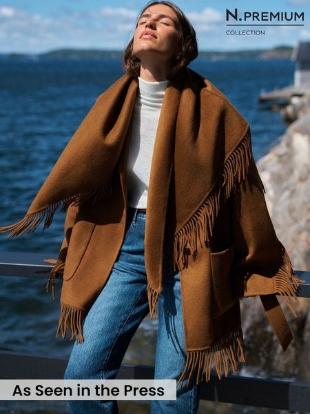 Tan Brown - N.premium Handsewn Fringe Scarf Coat With Wool
