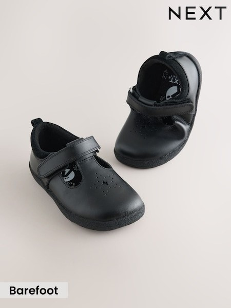 Black Leather - Barefoot T-bar School Shoes