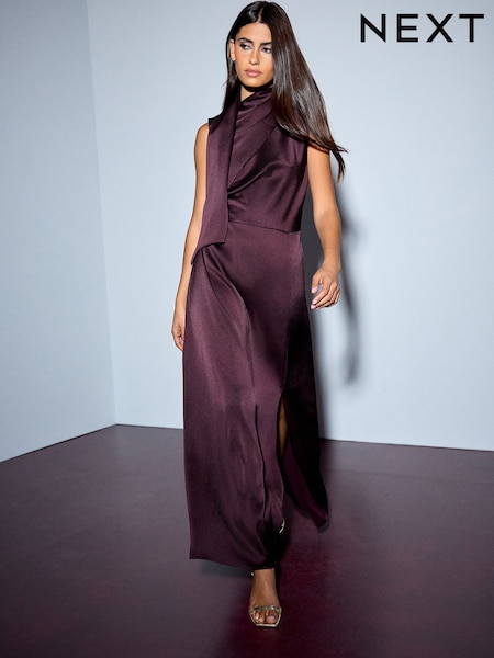 Plum Purple - Textured Satin Scarf Midi Dress