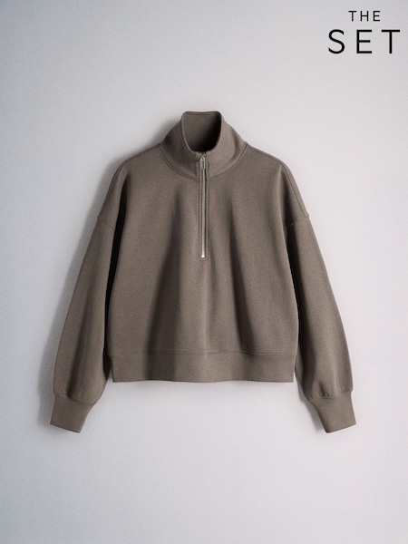 Neutral Taupe - The Set Half Zip Funnel Neck Sweater