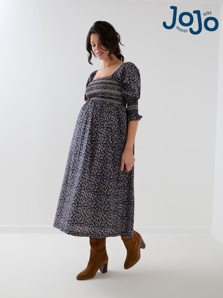 Dark Navy Floral - Jojo Maman Bébé Long Sleeve Shirred Midi Maternity Dress