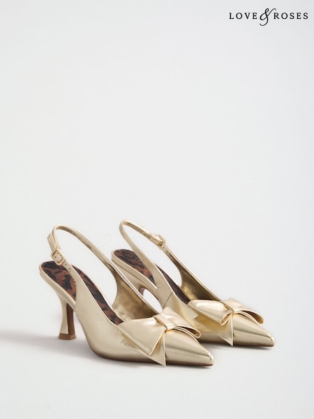 Gold - Love & Roses Bow Slingback Court Shoes