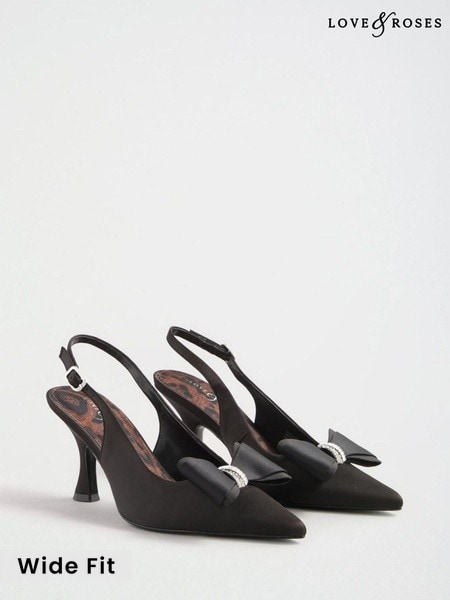 Black - Love & Roses Faux Suede Bow Slingback Court Shoes