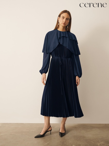 Navy - Cerene Long Sleeve Pleated Satin Midi Dress