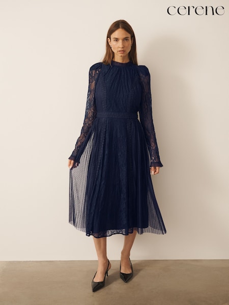 Navy - Cerene Puff Sleeve Lace Midi Dress