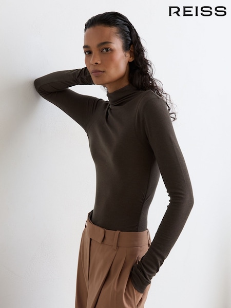 Chocolate Brown - Reiss Heidi Lyocell-wool Ruched Mock-neck Top
