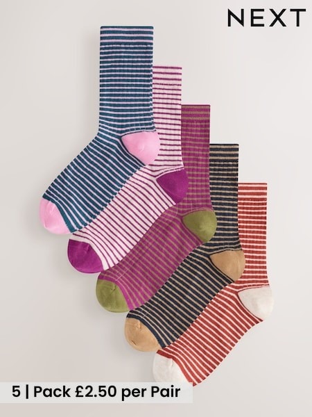 Burgundy Red/Cream - Stripe Ankle Socks 5 Pack