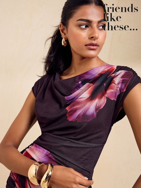 Brown - Friends Like These Draped Mesh Floral Print Top
