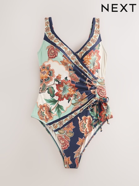 Navy/Peach Floral - Ruched Side Tummy Shaping Control Swimsuit