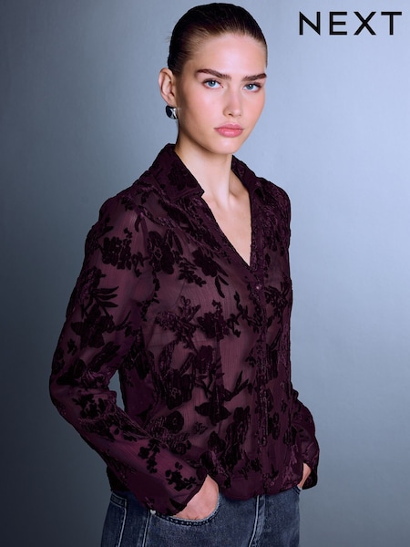 Wine - Flocked Velvet Floral V-neck Long Sleeve Shirt