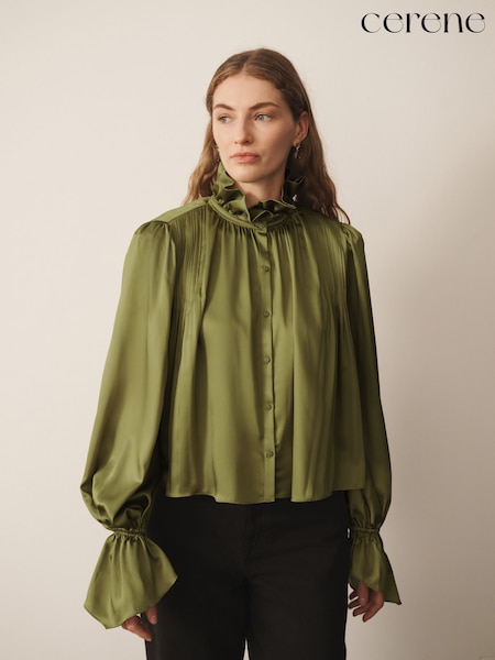 Green - Cerene Long Sleeve High Neck Satin Blouse