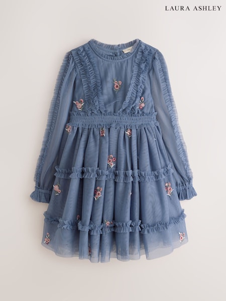 Blue - Embroidered Mesh Tiered Floral Dress