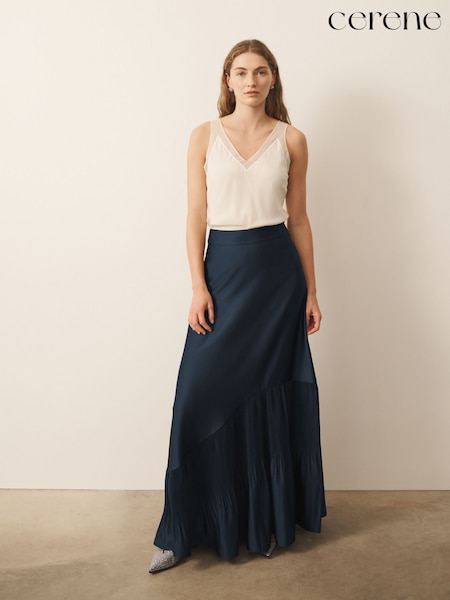 Navy - Cerene Frill Hem Satin Maxi Skirt