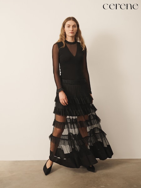 Black - Cerene Tiered Polka Dot Mesh Maxi Skirt