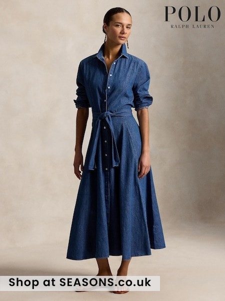 Blue - Polo Ralph Lauren Belt Detail Denim Midi Shirt Dress