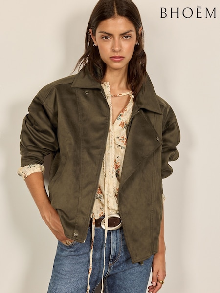 Olive Green - Asymmetrical Faux Suede Jacket