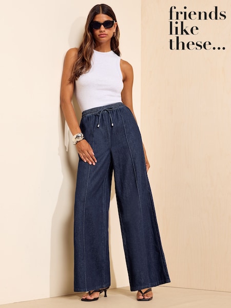 Dark Blue - Friends Like These Elastic Wide Leg Pintuck Jeans