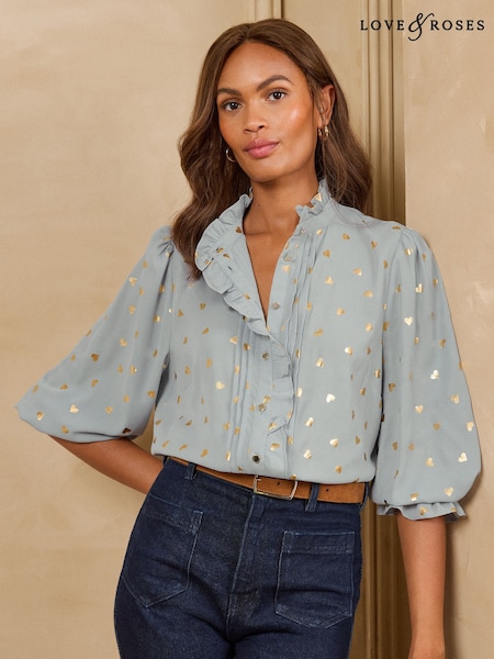 Grey Metallic Heart - Love & Roses Ruffle Front 3/4 Sleeve Blouse