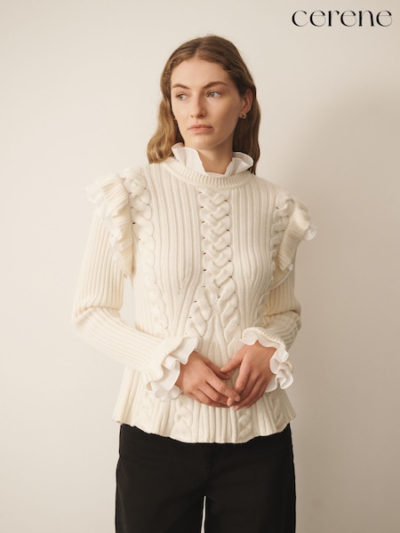 Cream - Cerene Cotton Ruffle Trim Cable Stitch Jumper