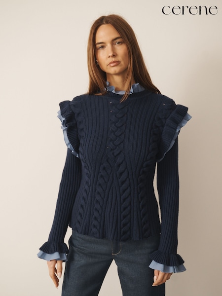 Navy - Cerene Cotton Ruffle Trim Cable Stitch Jumper