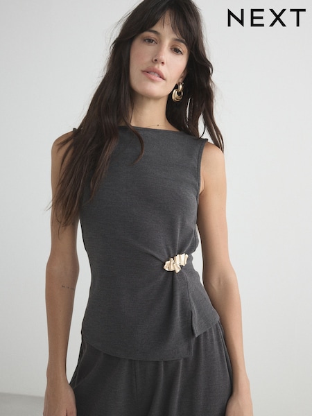 Charcoal Grey - Sleeveless Slash Neck Hardware Top